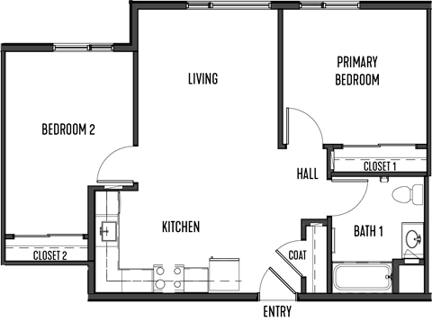 Floor plan for 2 beds, 1 bath, 750 sqft